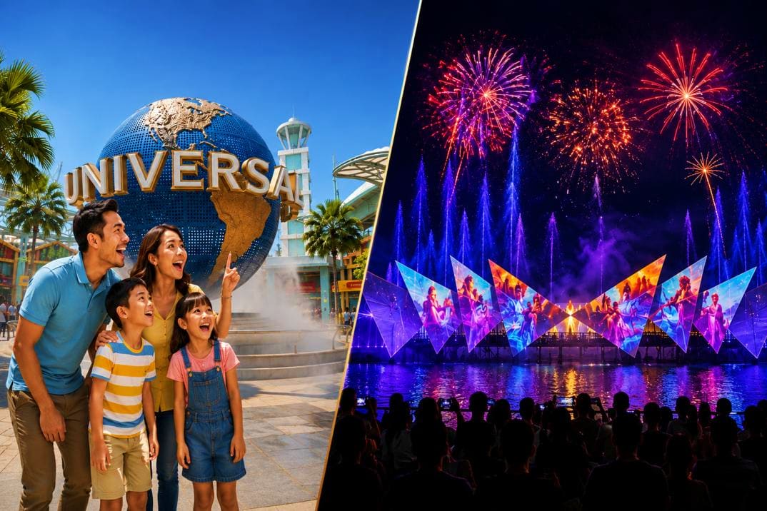 Family posing at Universal Studios globe landmark on left; nighttime fireworks and water show performance on right at Sentosa